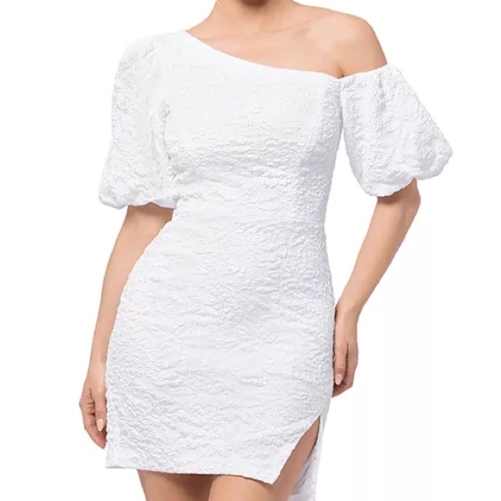 Aqua White One-Shoulder Dress with Puff Sleeves